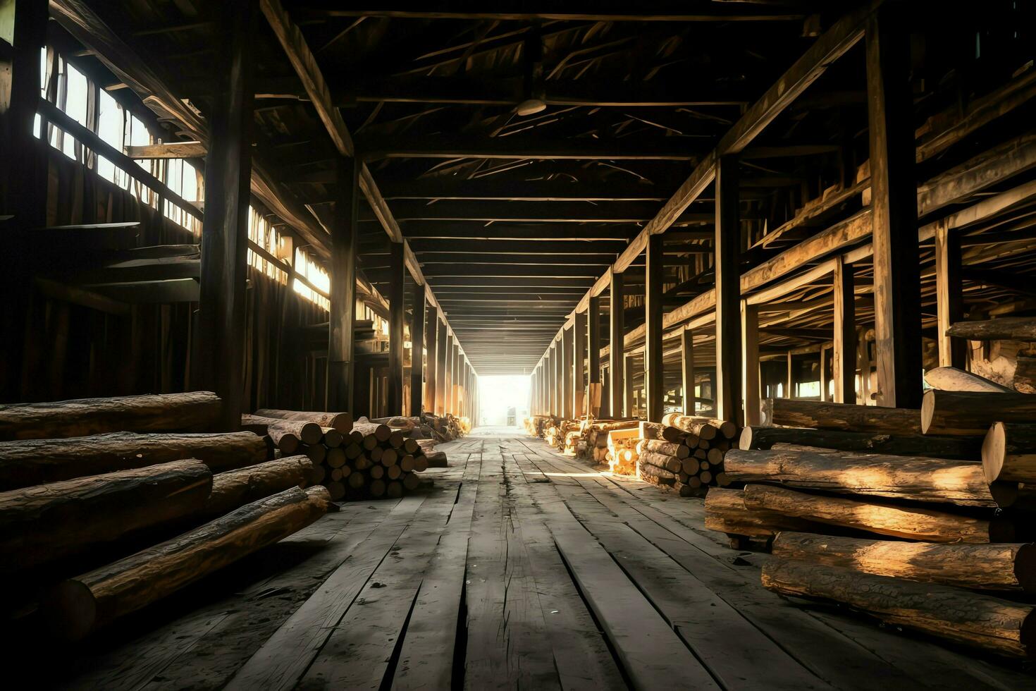 hölzern Planke oder Tafel im das Holz Mühle Industrie. Stapel von Protokolle und Holz im das Sägewerk Produktion Konzept durch ai generiert foto