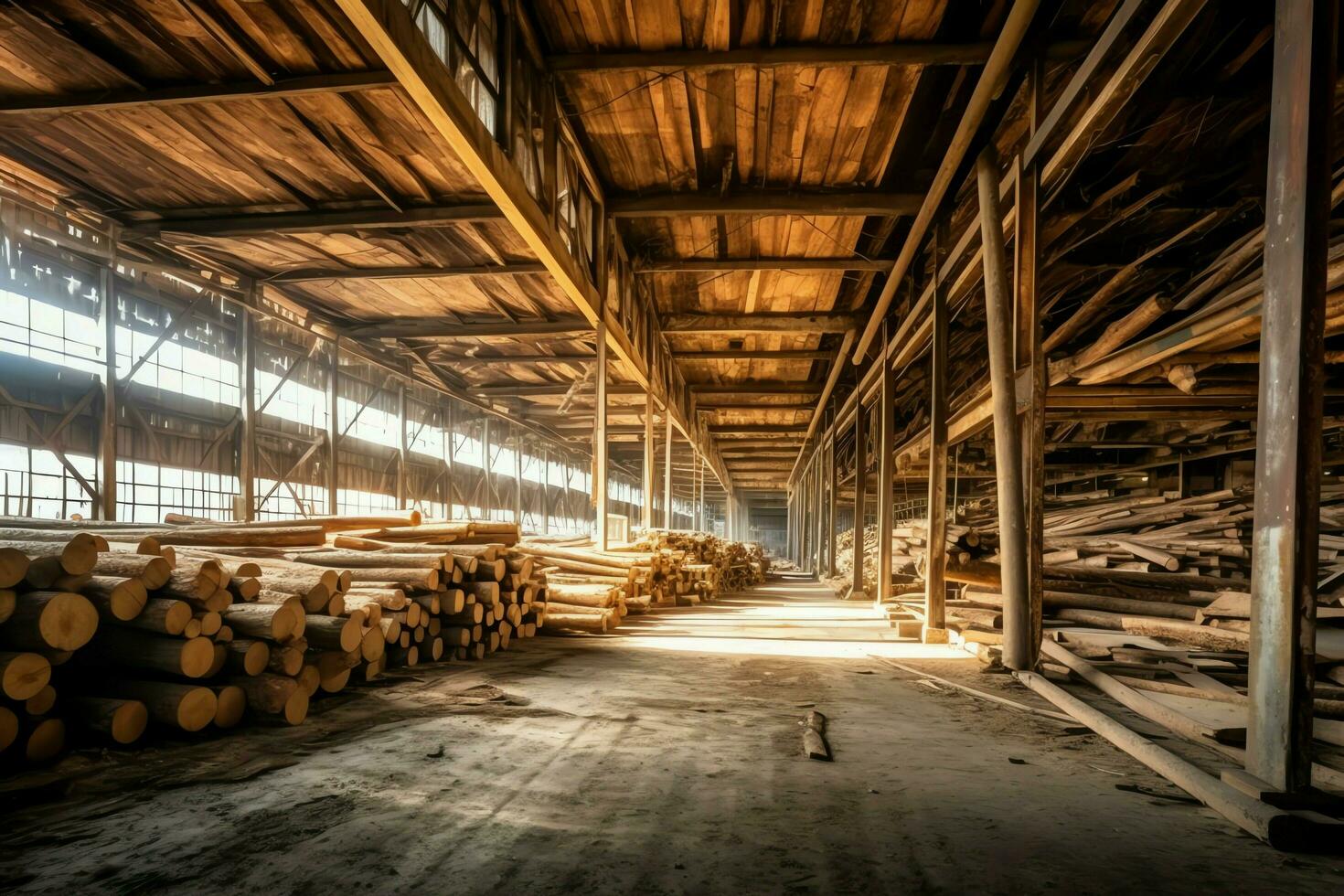 hölzern Planke oder Tafel im das Holz Mühle Industrie. Stapel von Protokolle und Holz im das Sägewerk Produktion Konzept durch ai generiert foto