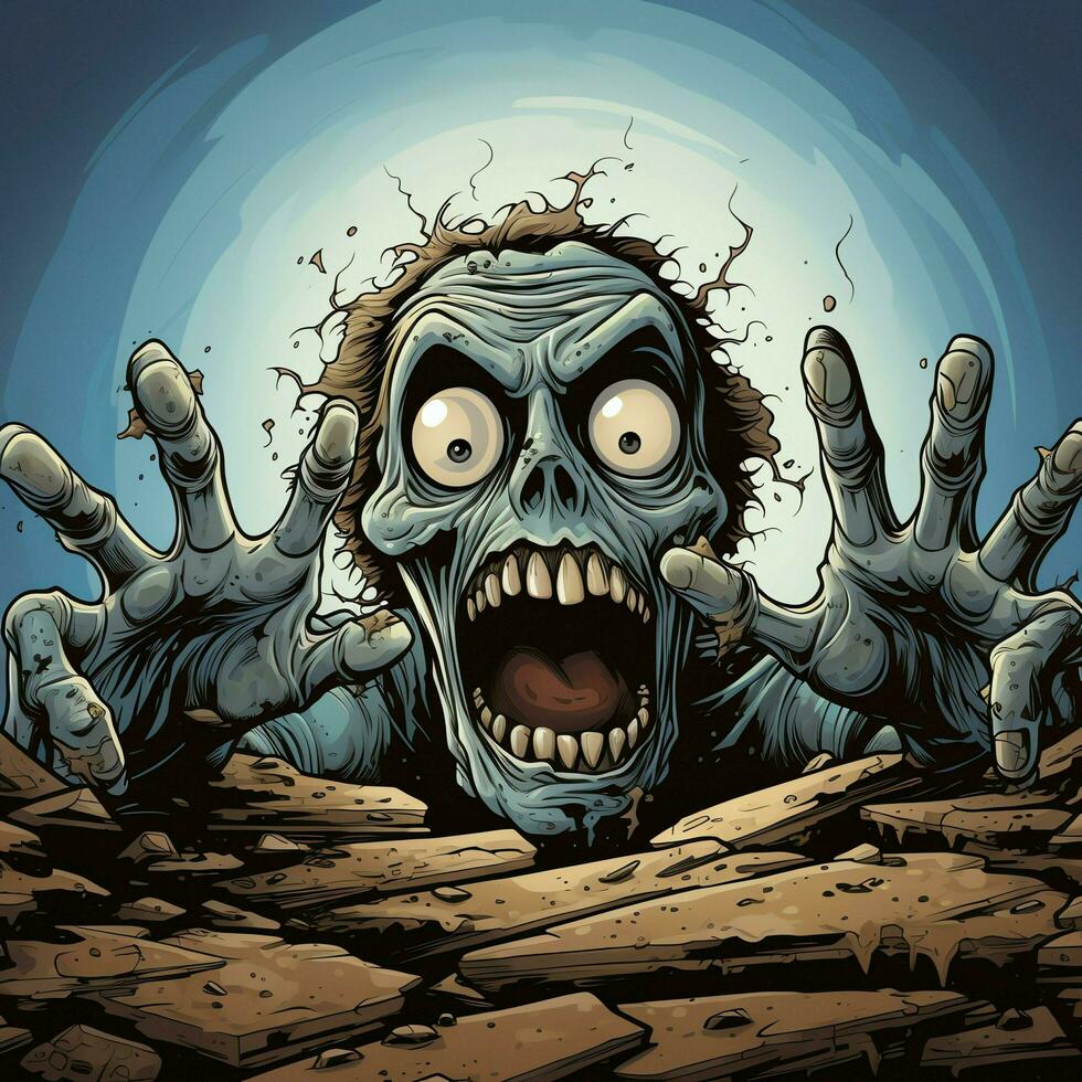 ein gruselig Zombie im Karikatur Stil. ein unheimlich Zombie Auferstehung und kriechen zum Halloween Feier. Halloween Konzept durch ai generiert foto