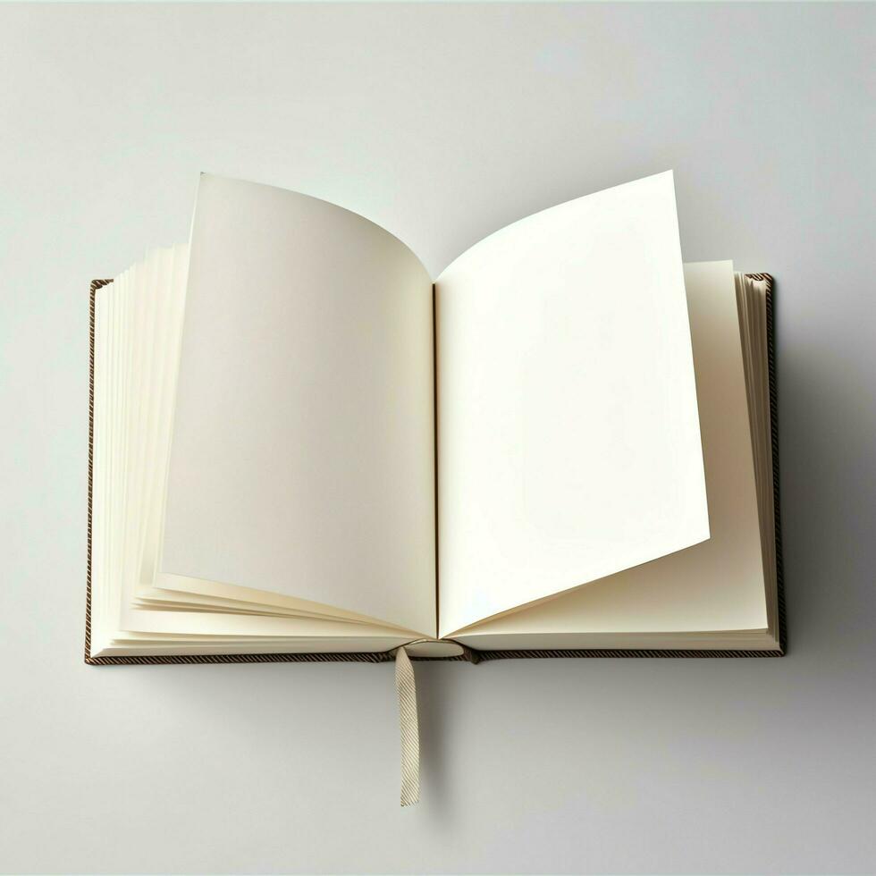 Overhead Aussicht von öffnen Buch mit leeren leer Weiß Seiten. Notizbuch Komposition zum Katalog, Zeitschriften Konzept durch ai generiert foto