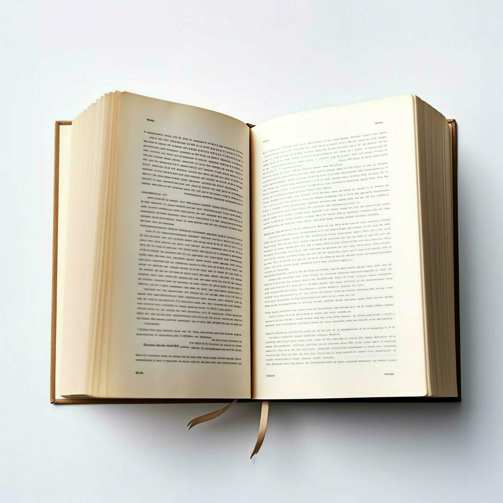Overhead Aussicht von öffnen Buch mit leeren leer Weiß Seiten. Notizbuch Komposition zum Katalog, Zeitschriften Konzept durch ai generiert foto