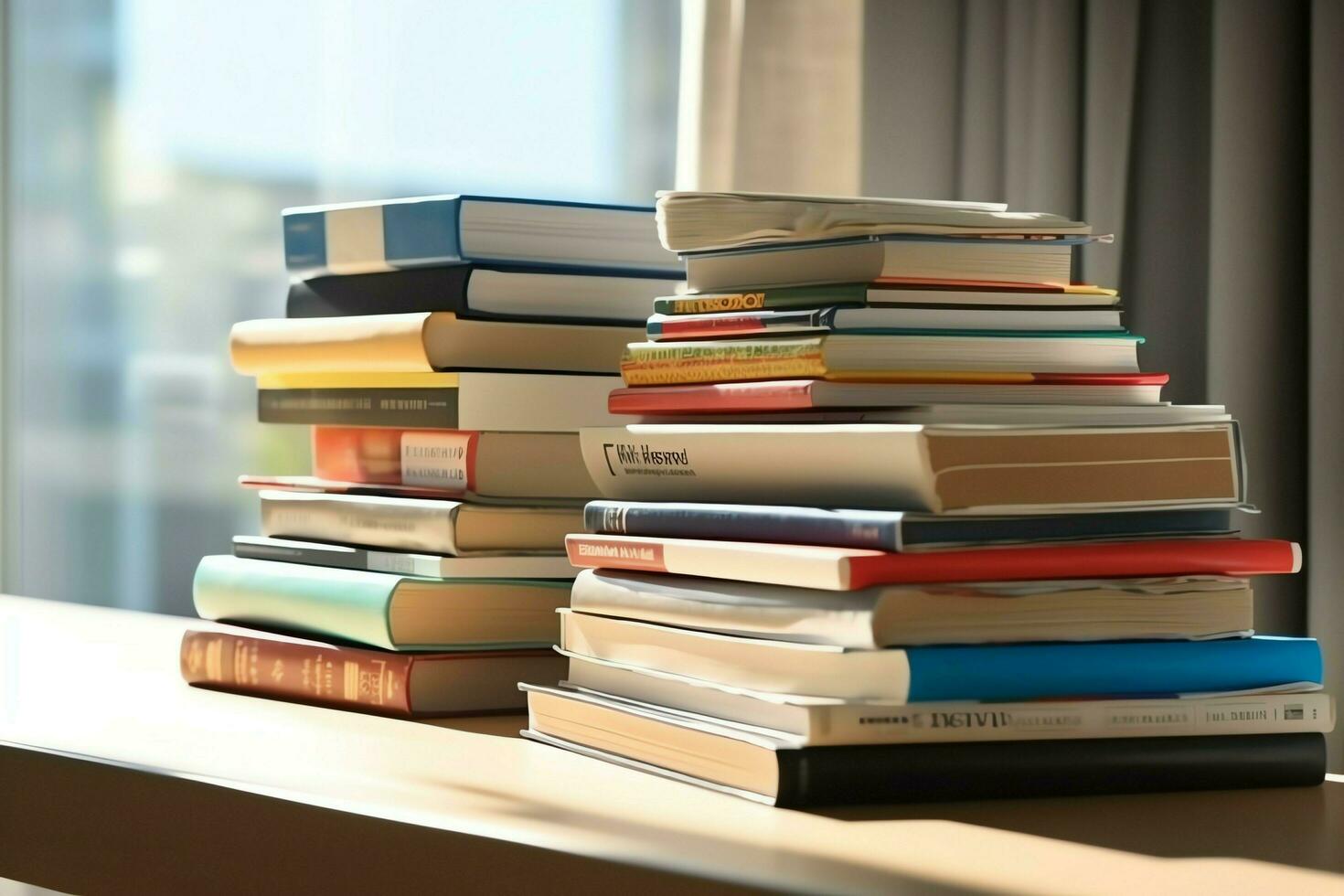 ein Buch Stapel schließen oben auf ein Studie Schreibtisch. Vorderseite Aussicht Stapel Buch. zum Festival von Welt Buch Tag, National Buch Tag oder National Bildung Tag. Stapel von bunt Bücher auf Studie Tabelle durch ai generiert foto