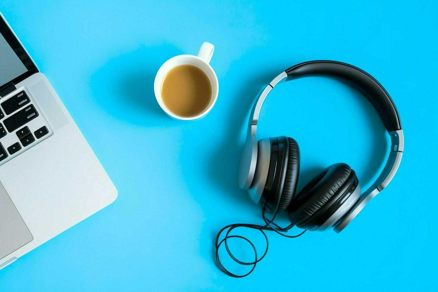 Musik- oder Podcast Hintergrund mit elektronisch Geräte, Kopfhörer, Kaffee und Laptop auf Büro Schreibtisch Konzept durch ai generiert foto