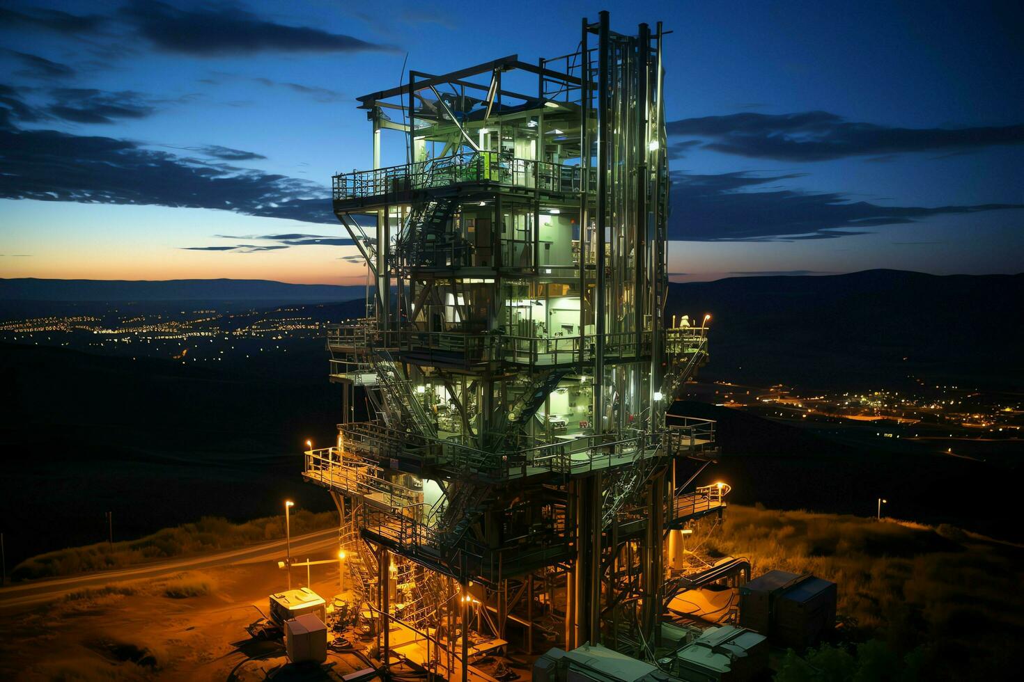 schön Aussicht hoch Stromspannung elektrisch oder Telekommunikation Antenne kabellos Turm mit Grün Feld Konzept durch ai generiert foto