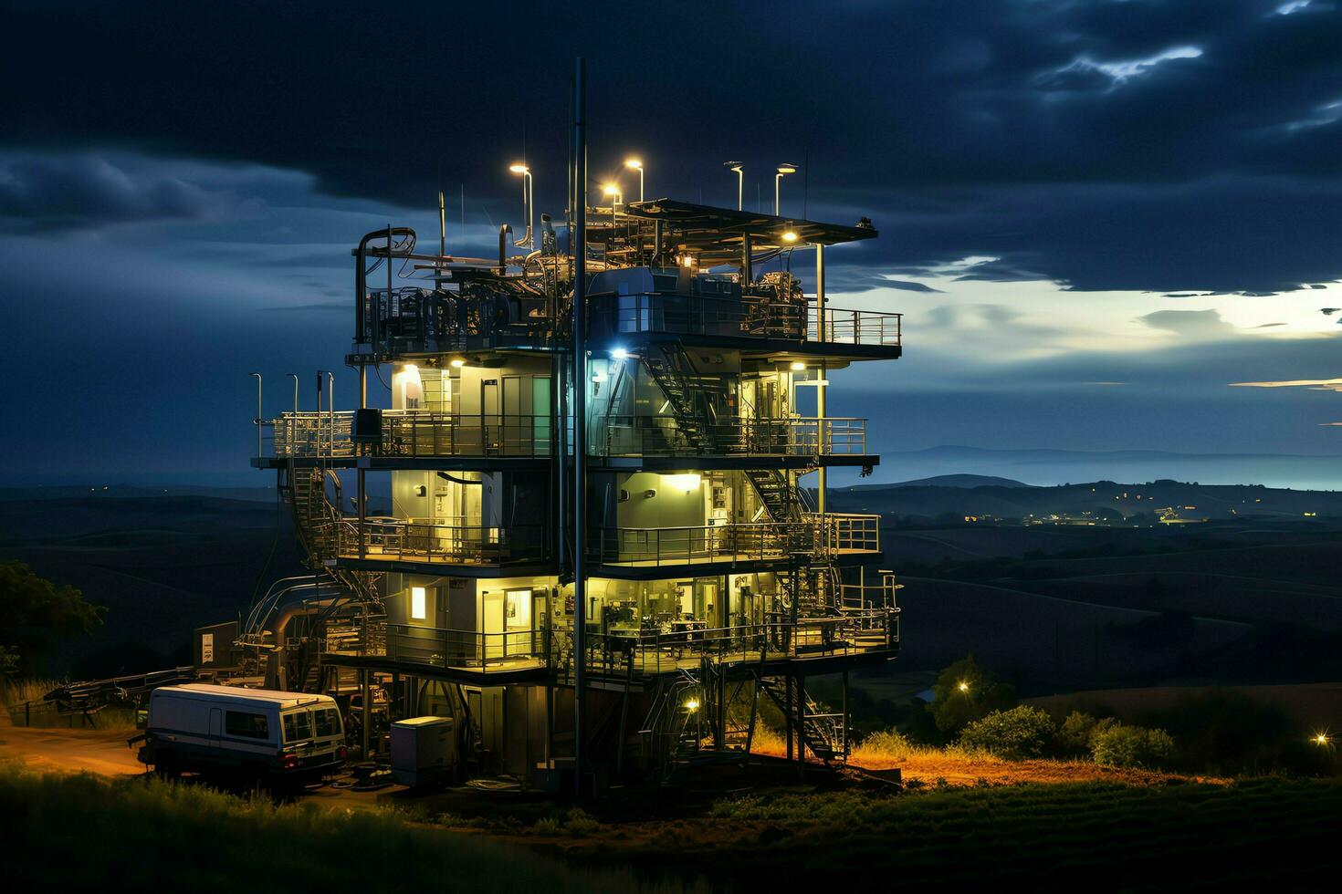 schön Aussicht hoch Stromspannung elektrisch oder Telekommunikation Antenne kabellos Turm mit Grün Feld Konzept durch ai generiert foto