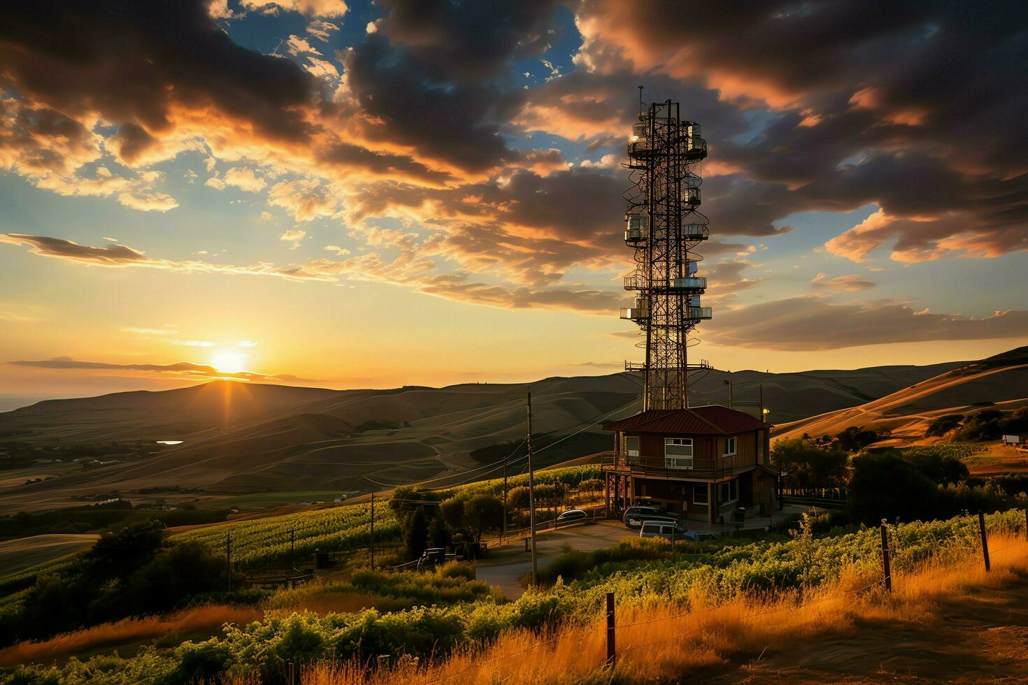 schön Aussicht hoch Stromspannung elektrisch oder Telekommunikation Antenne kabellos Turm mit Grün Feld Konzept durch ai generiert foto