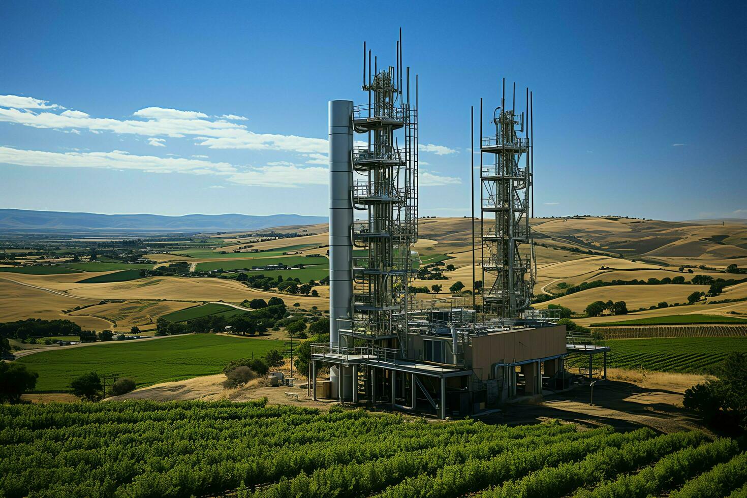 schön Aussicht hoch Stromspannung elektrisch oder Telekommunikation Antenne kabellos Turm mit Grün Feld Konzept durch ai generiert foto