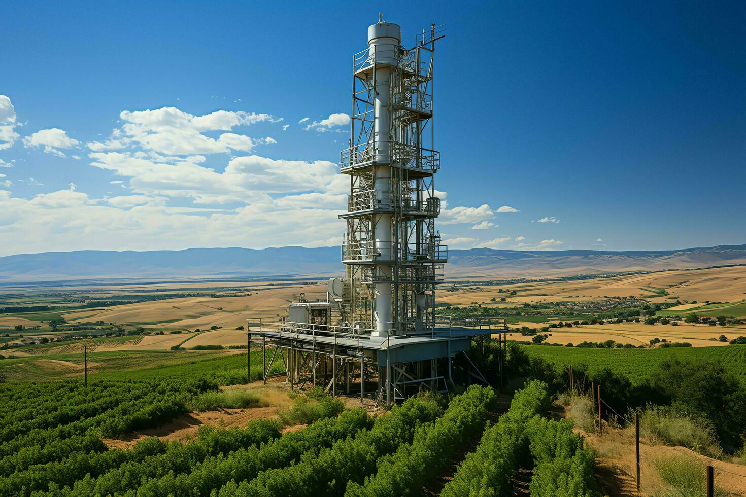 schön Aussicht hoch Stromspannung elektrisch oder Telekommunikation Antenne kabellos Turm mit Grün Feld Konzept durch ai generiert foto