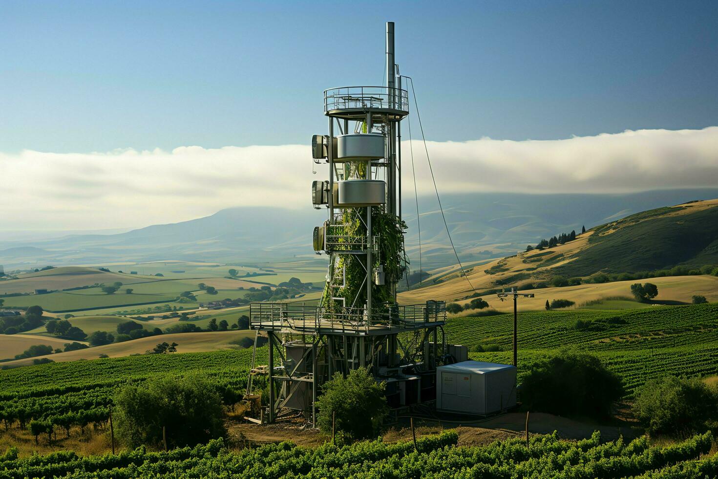 schön Aussicht hoch Stromspannung elektrisch oder Telekommunikation Antenne kabellos Turm mit Grün Feld Konzept durch ai generiert foto