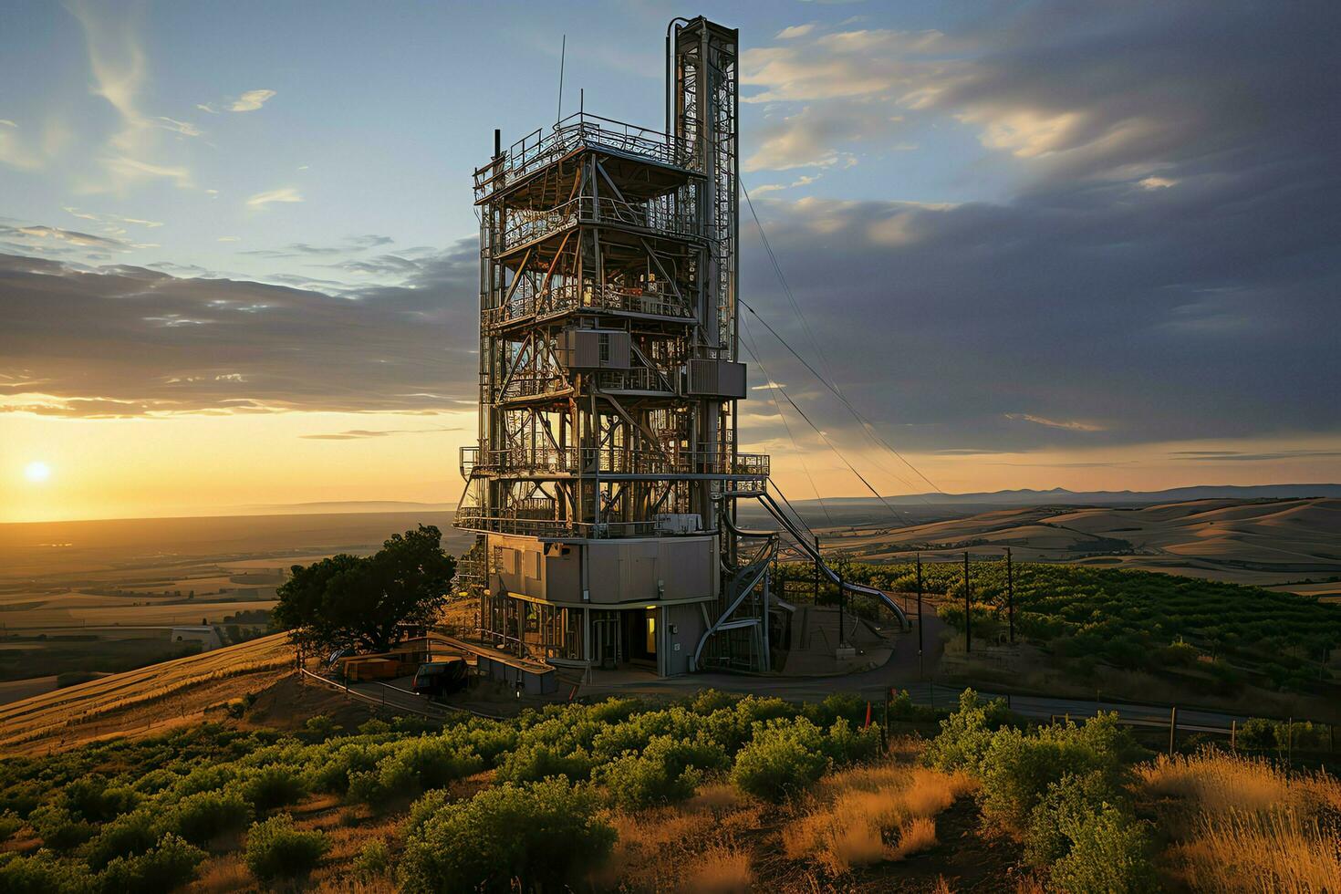 schön Aussicht hoch Stromspannung elektrisch oder Telekommunikation Antenne kabellos Turm mit Grün Feld Konzept durch ai generiert foto