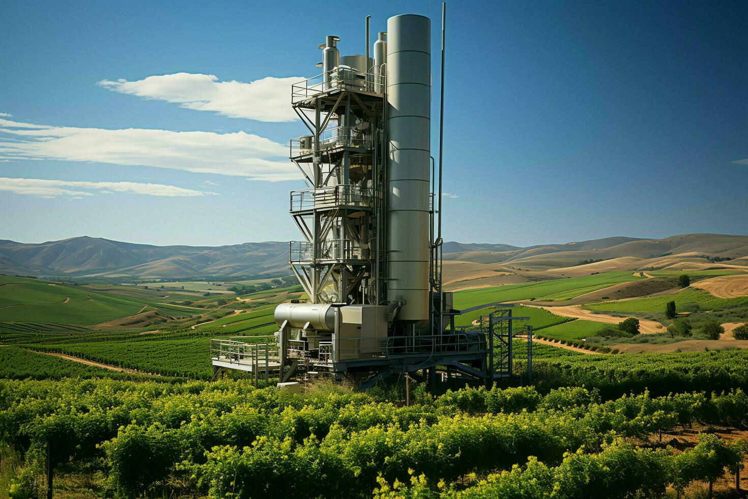 schön Aussicht hoch Stromspannung elektrisch oder Telekommunikation Antenne kabellos Turm mit Grün Feld Konzept durch ai generiert foto