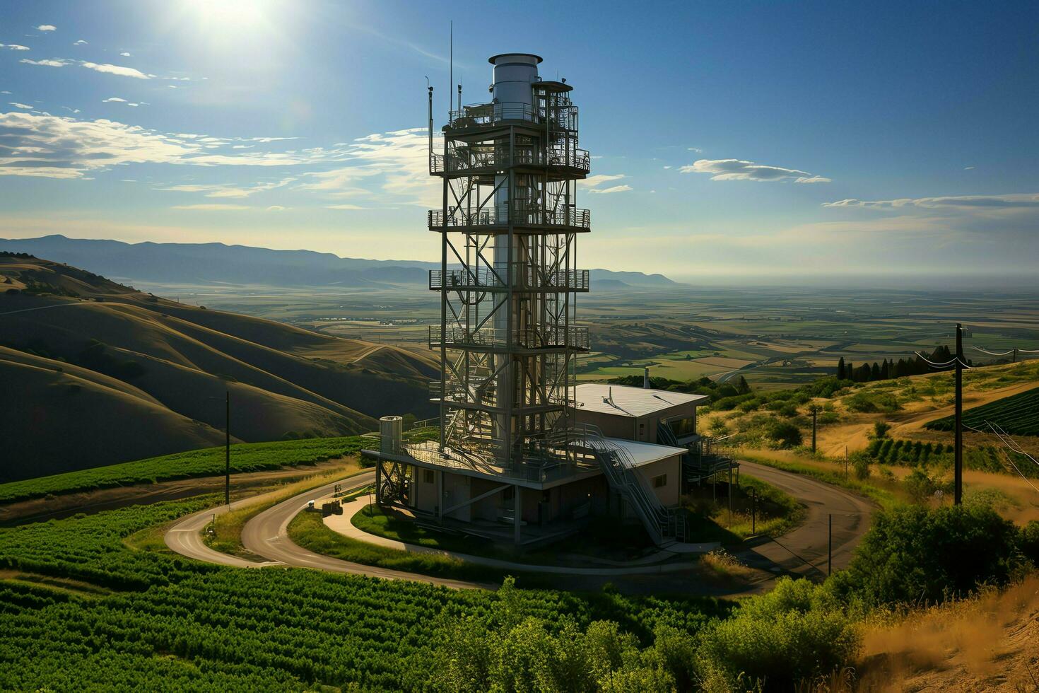 schön Aussicht hoch Stromspannung elektrisch oder Telekommunikation Antenne kabellos Turm mit Grün Feld Konzept durch ai generiert foto