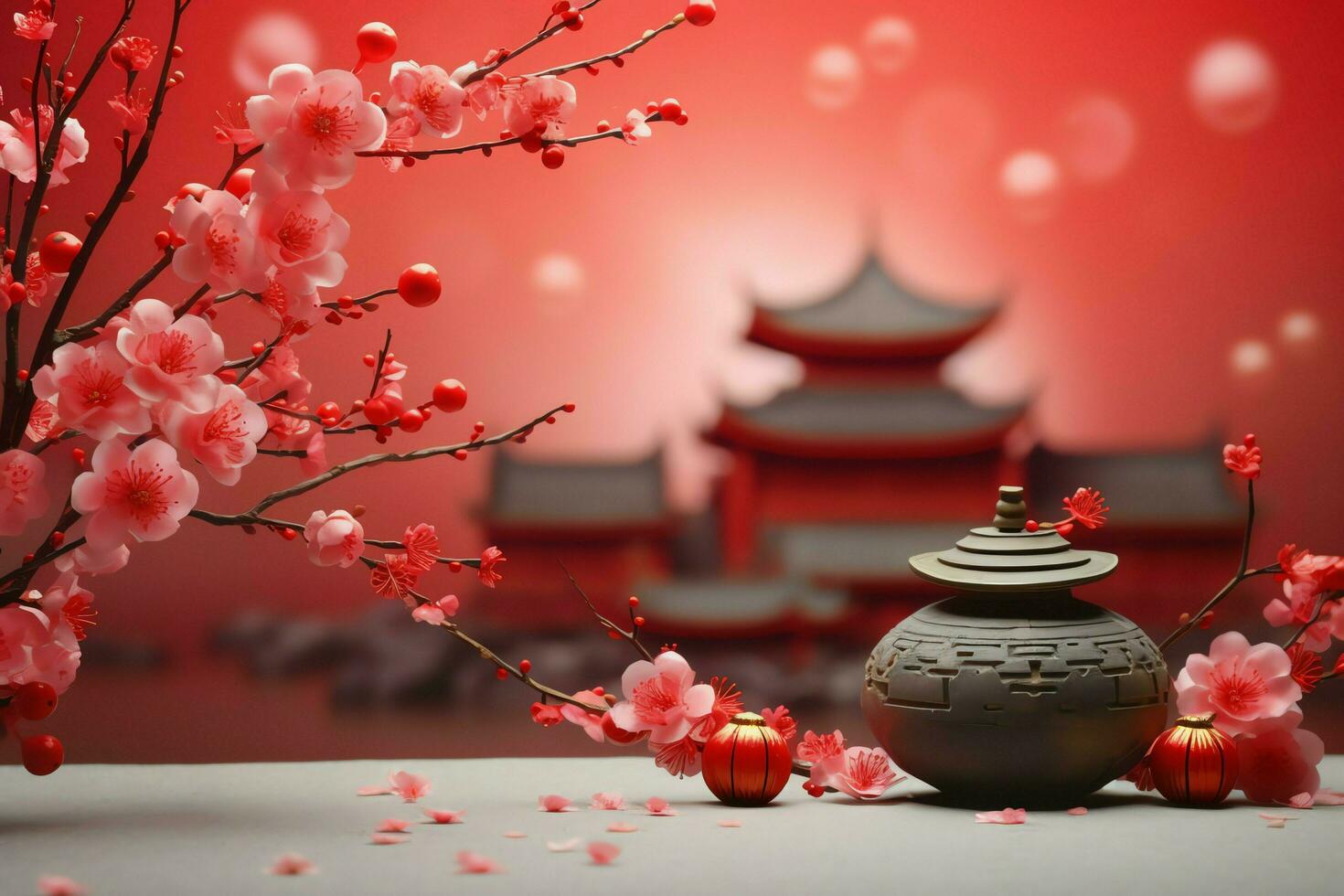 Chinesisch Neu Jahr Hintergrund mit traditionell Laternen, Sakura Blumen und Kopieren Raum. Mond- Neu Jahr Konzept durch ai generiert foto