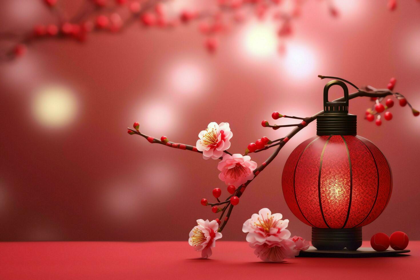 Chinesisch Neu Jahr Hintergrund mit traditionell Laternen, Sakura Blumen und Kopieren Raum. Mond- Neu Jahr Konzept durch ai generiert foto