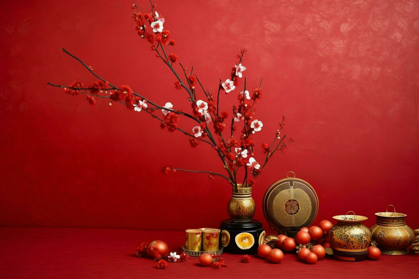 Chinesisch Neu Jahr Hintergrund mit traditionell Laternen, Sakura Blumen und Kopieren Raum. Mond- Neu Jahr Konzept durch ai generiert foto