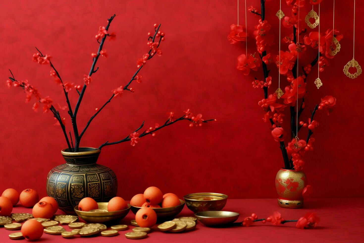 Chinesisch Neu Jahr Hintergrund mit traditionell Laternen, Sakura Blumen und Kopieren Raum. Mond- Neu Jahr Konzept durch ai generiert foto