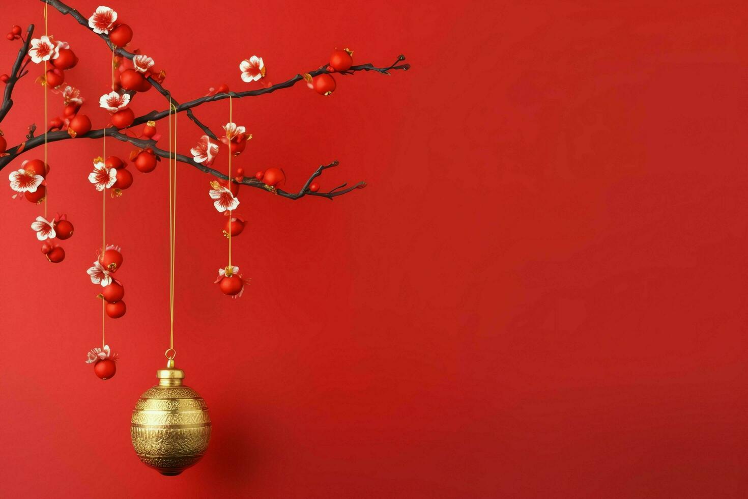Chinesisch Neu Jahr Hintergrund mit traditionell Laternen, Sakura Blumen und Kopieren Raum. Mond- Neu Jahr Konzept durch ai generiert foto