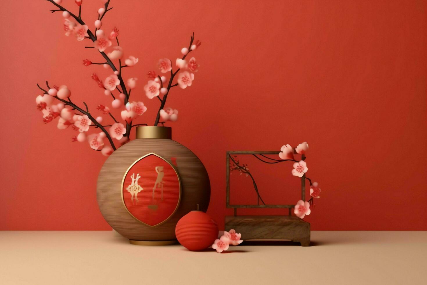 Chinesisch Neu Jahr Hintergrund mit traditionell Laternen, Sakura Blumen und Kopieren Raum. Mond- Neu Jahr Konzept durch ai generiert foto