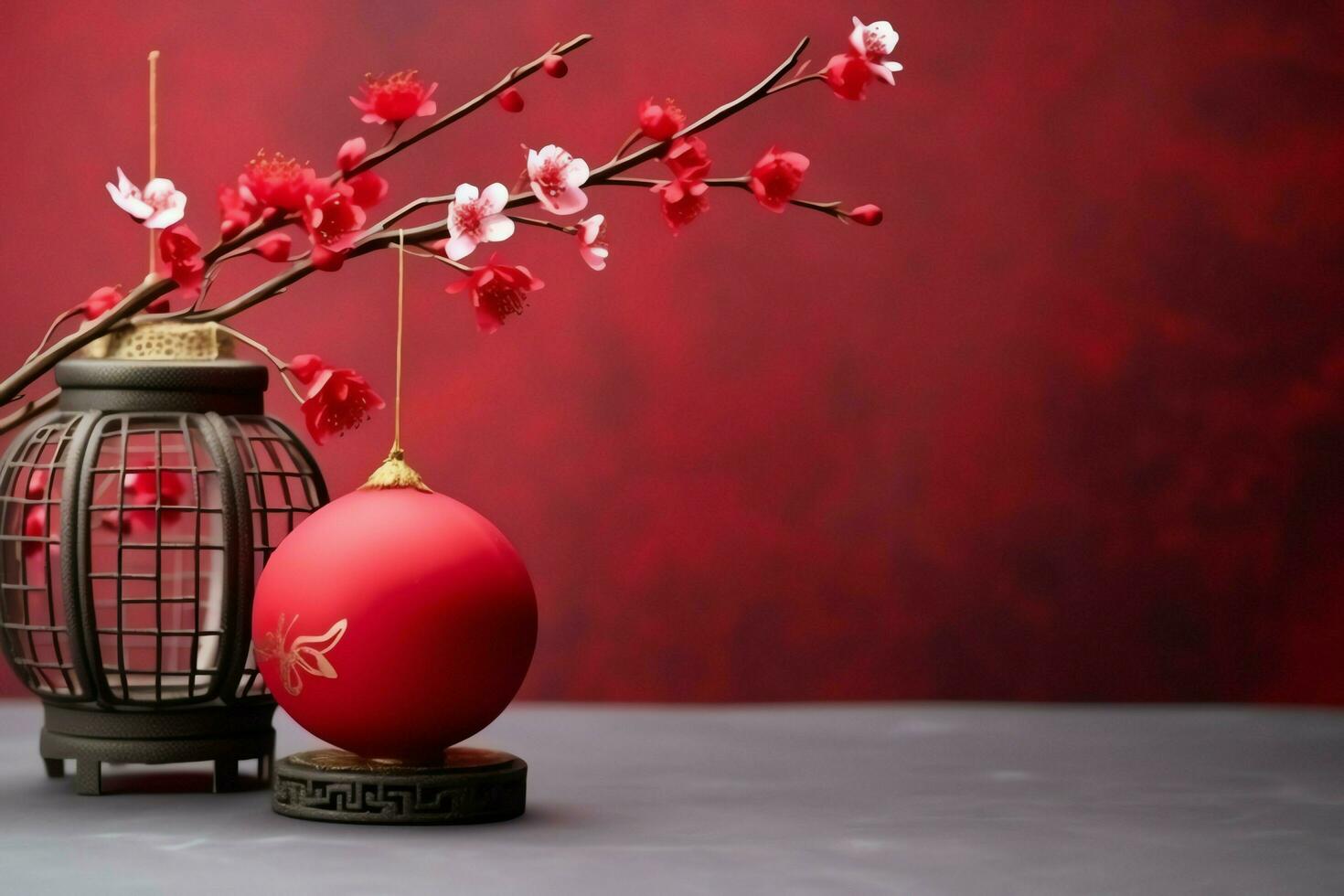 Chinesisch Neu Jahr Hintergrund mit traditionell Laternen, Sakura Blumen und Kopieren Raum. Mond- Neu Jahr Konzept durch ai generiert foto