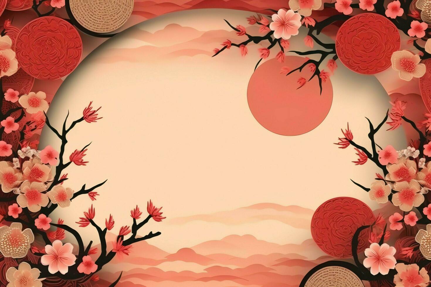 Chinesisch Neu Jahr Hintergrund mit traditionell Laternen, Sakura Blumen und Kopieren Raum. Mond- Neu Jahr Konzept durch ai generiert foto