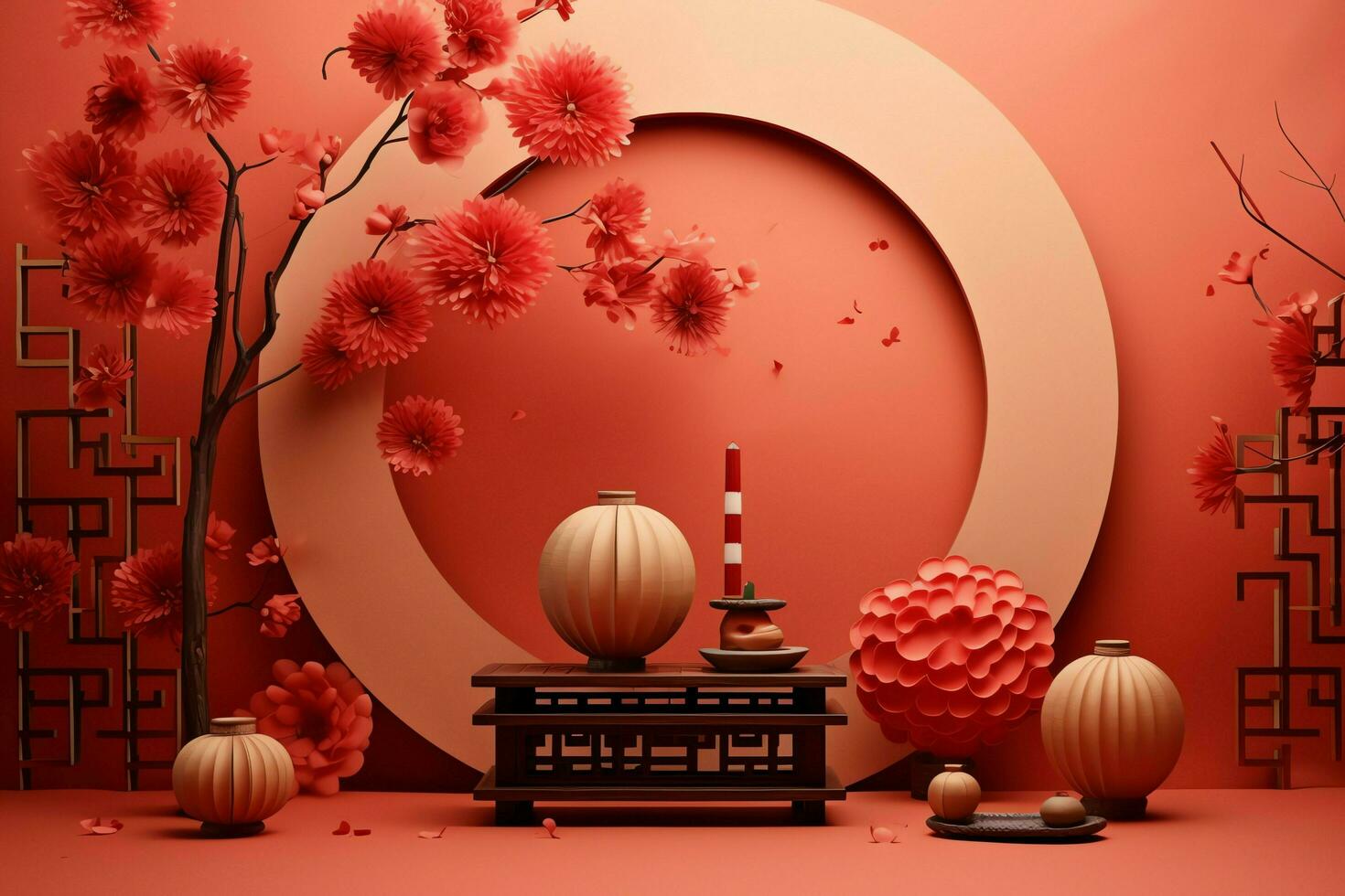 Chinesisch Neu Jahr Hintergrund mit traditionell Laternen, Sakura Blumen und Kopieren Raum. Mond- Neu Jahr Konzept durch ai generiert foto