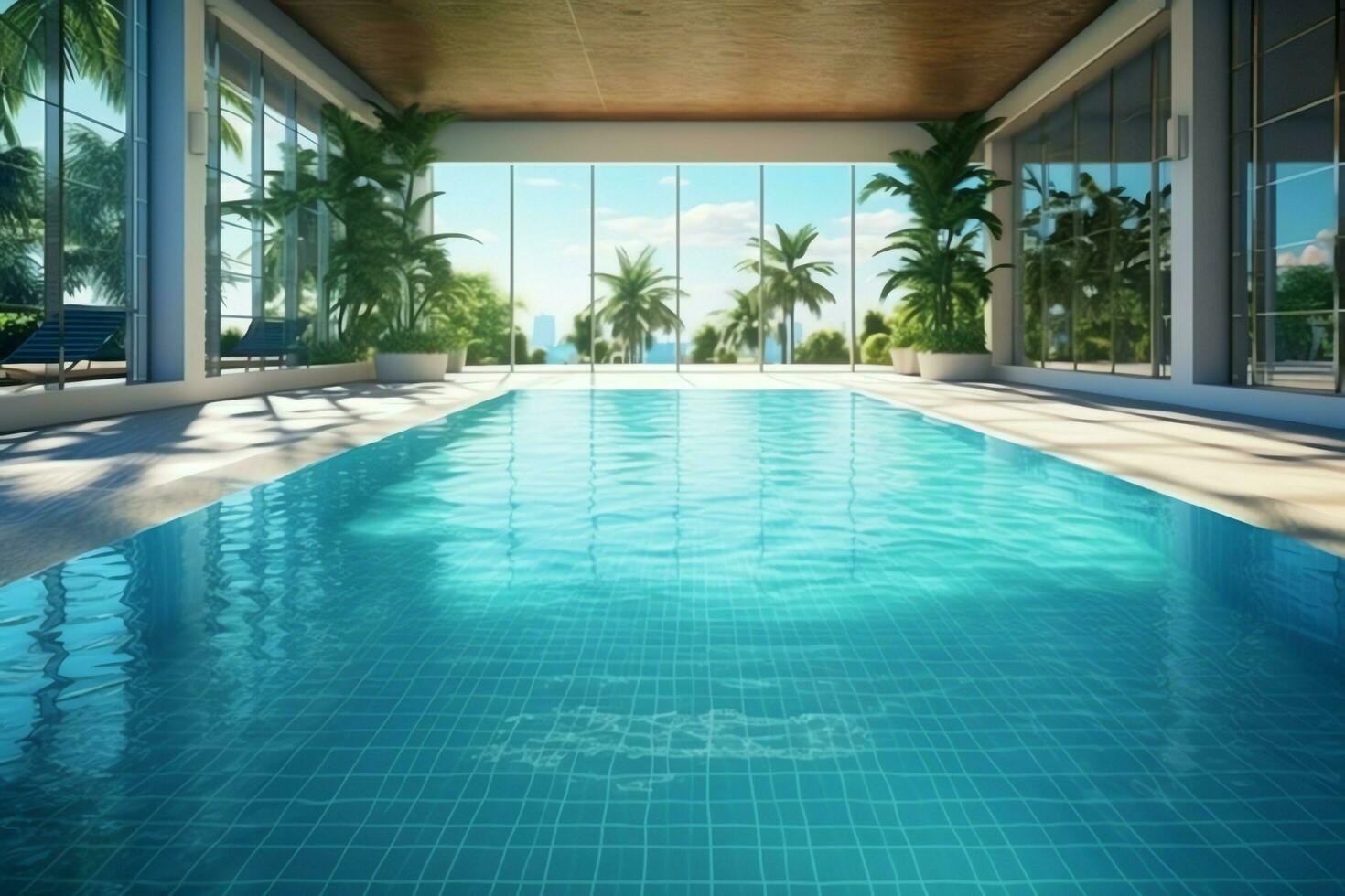 schön draussen Schwimmen Schwimmbad im Luxus Hotel Resort mit Blau Himmel zum Freizeit entspannen und Urlaub Konzept durch ai generiert foto