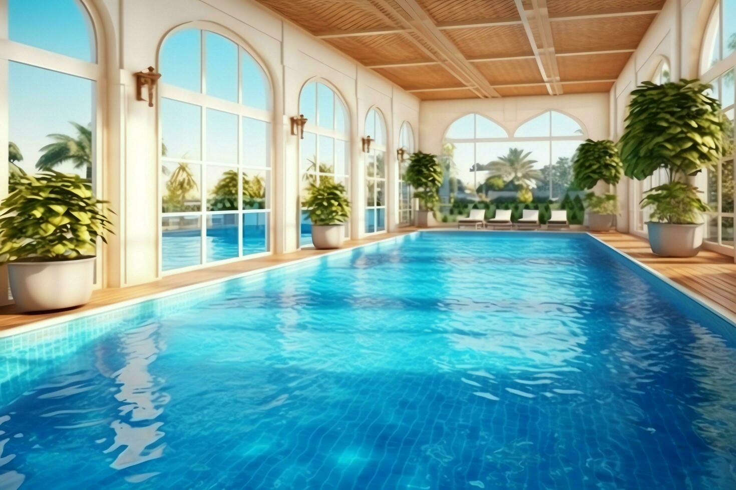 schön draussen Schwimmen Schwimmbad im Luxus Hotel Resort mit Blau Himmel zum Freizeit entspannen und Urlaub Konzept durch ai generiert foto