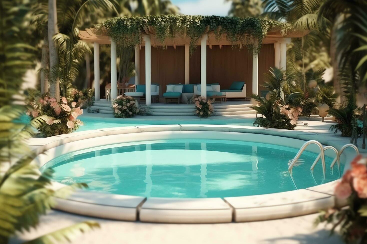 schön draussen Schwimmen Schwimmbad im Luxus Hotel Resort mit Blau Himmel zum Freizeit entspannen und Urlaub Konzept durch ai generiert foto