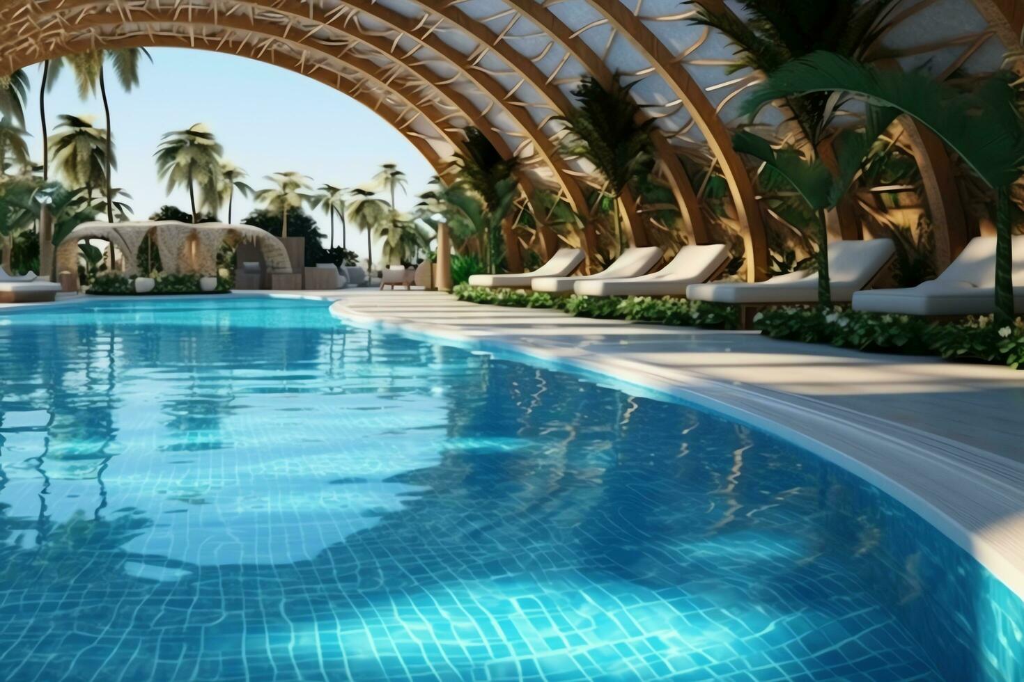 schön draussen Schwimmen Schwimmbad im Luxus Hotel Resort mit Blau Himmel zum Freizeit entspannen und Urlaub Konzept durch ai generiert foto