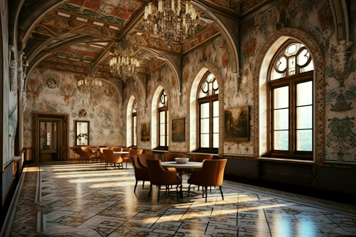 sehr luxuriös Zimmer und groß mit Wände dekoriert mit marokkanisch Mosaik. Zimmer im traditionell islamisch Konzept durch ai generiert foto