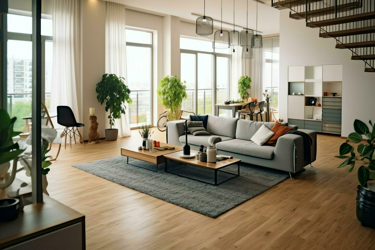 modern Wohnung Innere im Leben Design mit Arbeiten Tabelle und Bücherregal. Luxus Zuhause skandinavisch Konzept durch ai generiert foto