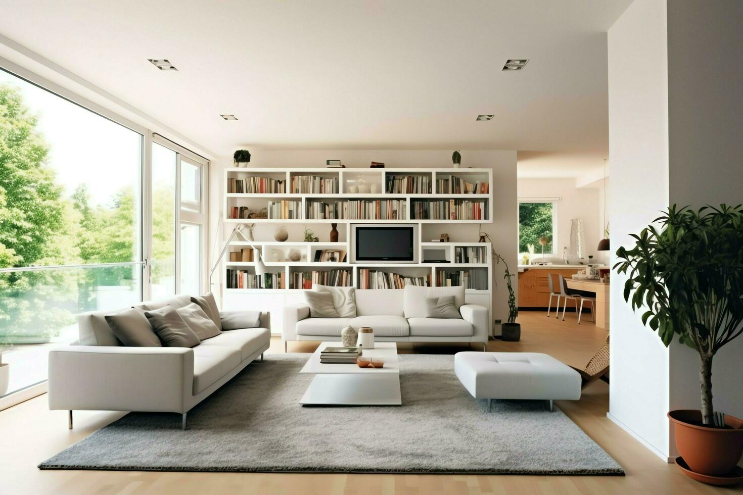 modern Wohnung Innere im Leben Design mit Arbeiten Tabelle und Bücherregal. Luxus Zuhause skandinavisch Konzept durch ai generiert foto