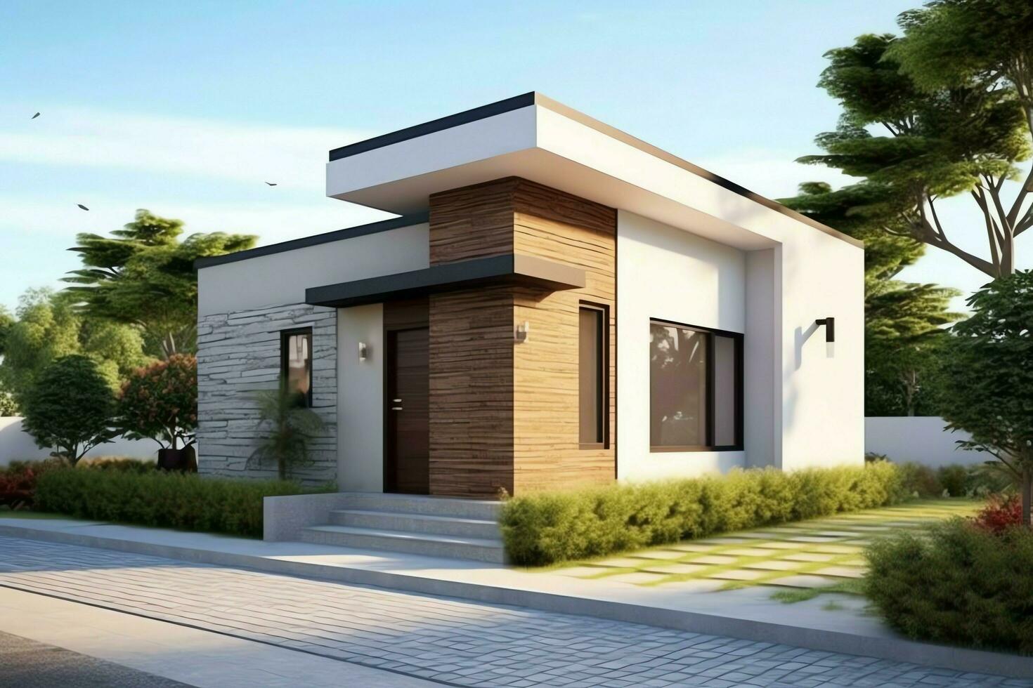 schön modern Haus Außen mit Carport. modern Wohn Kreis und minimalistisch Gebäude Konzept durch ai generiert foto