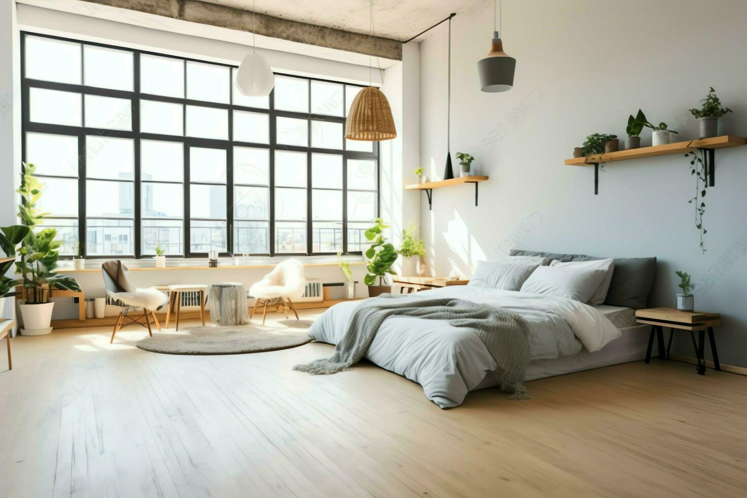 modern Schlafzimmer Innere Design im Wohnung oder Haus mit Möbel. Luxus Schlafzimmer skandinavisch Konzept durch ai generiert foto