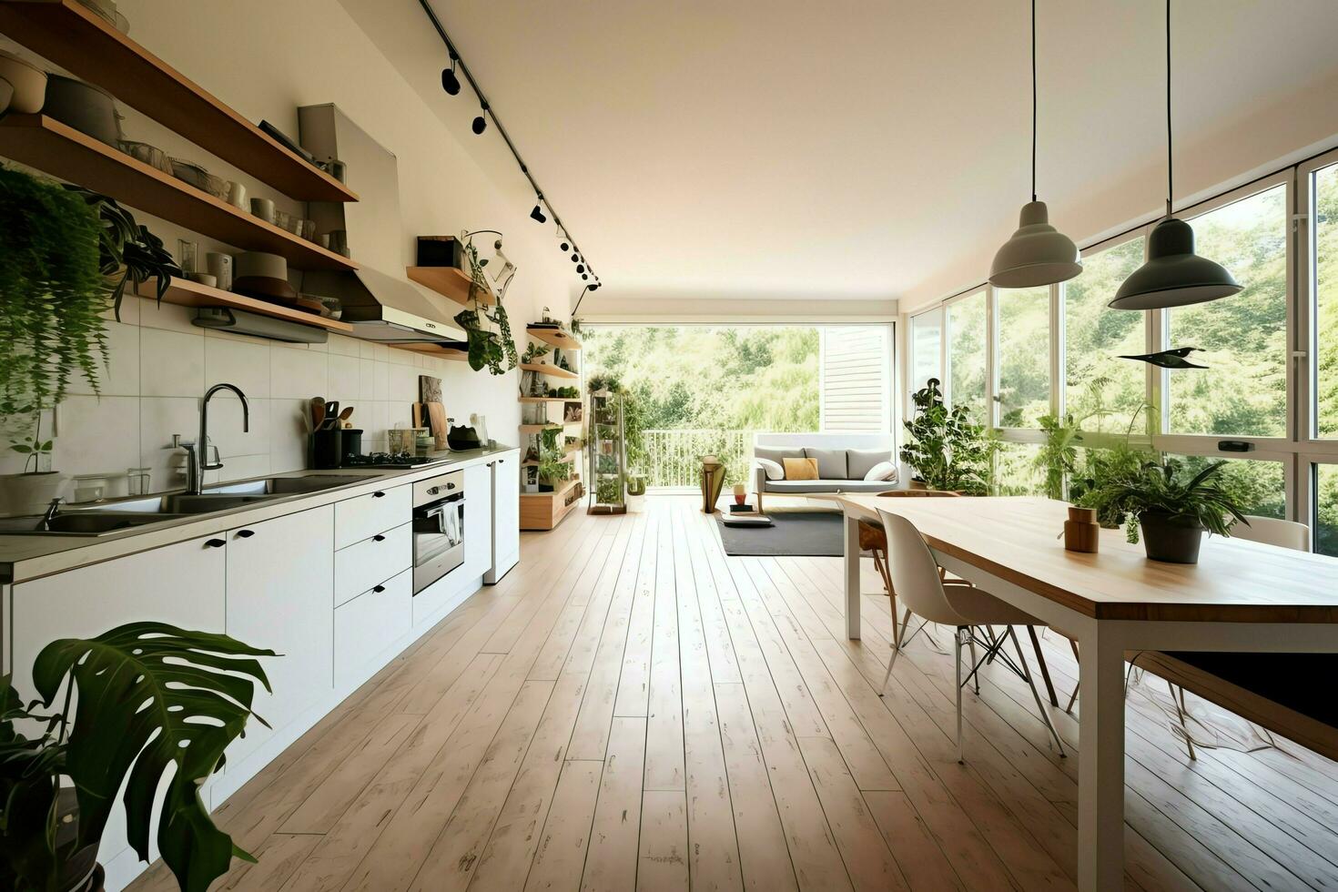 modern Küche Innere Design im Wohnung oder Haus mit Möbel. Luxus Küche Zuhause skandinavisch Konzept durch ai generiert foto