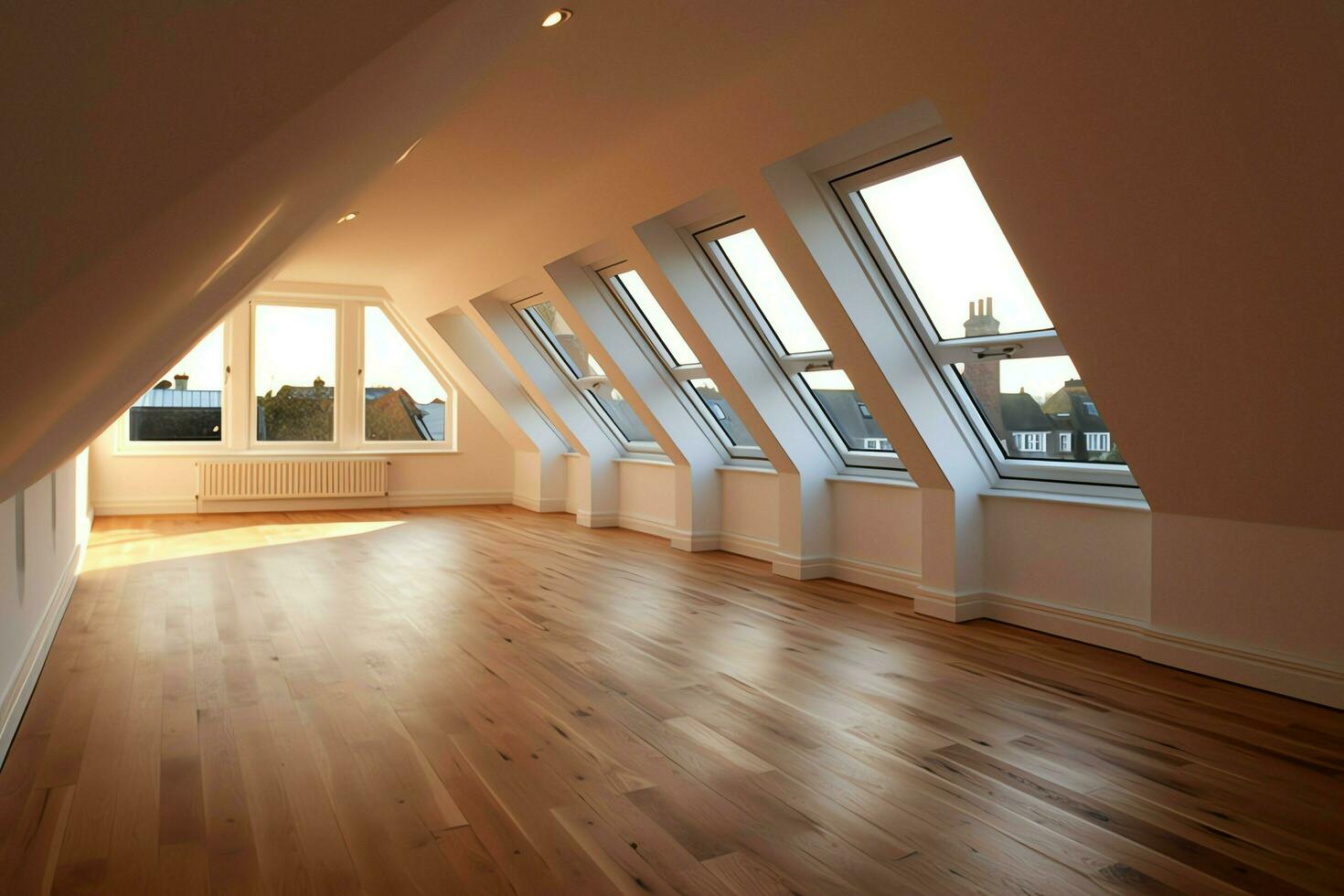 modern Dachgaube Dachgeschoss Umwandlung Innere Design im Wohnung oder Haus beim Vereinigtes Königreich. Luxus Dreieck Dachboden Zimmer Konzept durch ai generiert foto