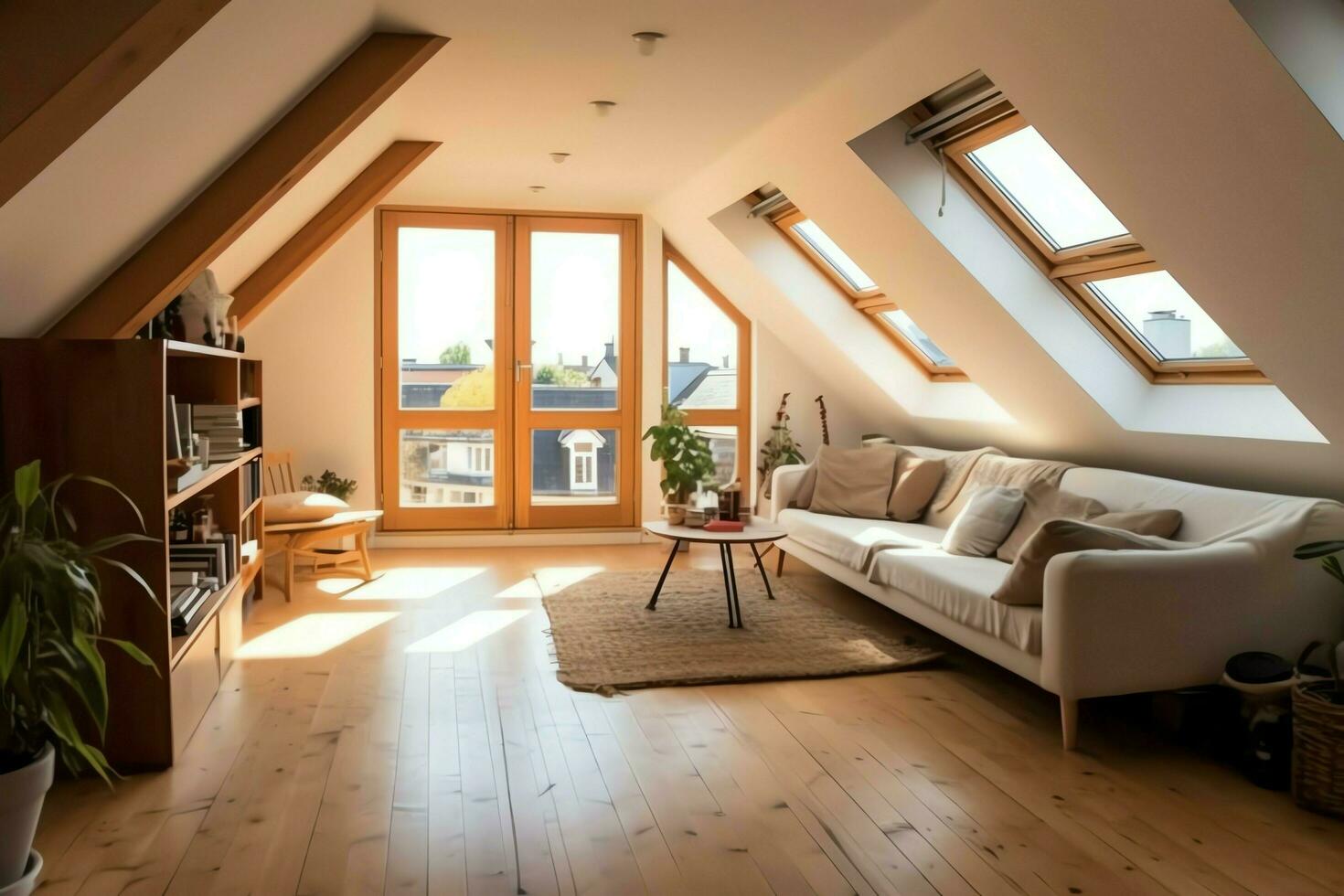 modern Dachgaube Dachgeschoss Umwandlung Innere Design im Wohnung oder Haus beim Vereinigtes Königreich. Luxus Dreieck Dachboden Zimmer Konzept durch ai generiert foto