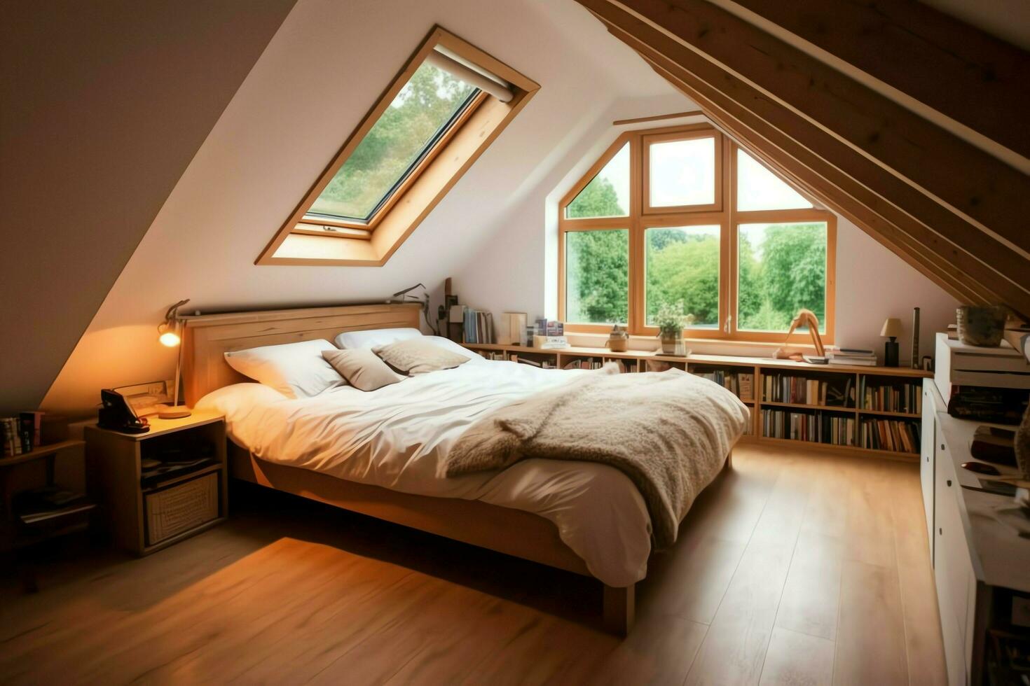 modern Dachgaube Dachgeschoss Umwandlung Innere Design im Wohnung oder Haus beim Vereinigtes Königreich. Luxus Dreieck Dachboden Zimmer Konzept durch ai generiert foto