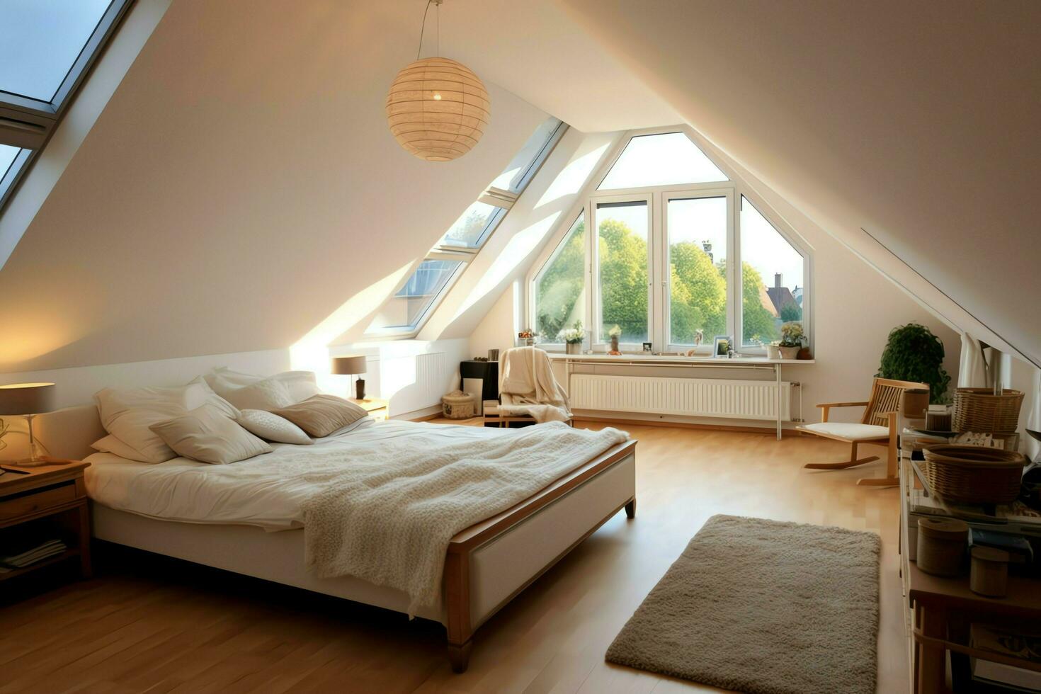 modern Dachgaube Dachgeschoss Umwandlung Innere Design im Wohnung oder Haus beim Vereinigtes Königreich. Luxus Dreieck Dachboden Zimmer Konzept durch ai generiert foto