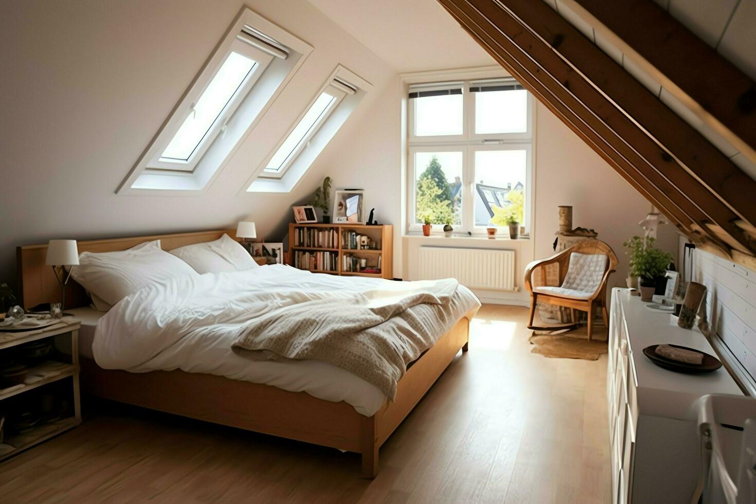 modern Dachgaube Dachgeschoss Umwandlung Innere Design im Wohnung oder Haus beim Vereinigtes Königreich. Luxus Dreieck Dachboden Zimmer Konzept durch ai generiert foto