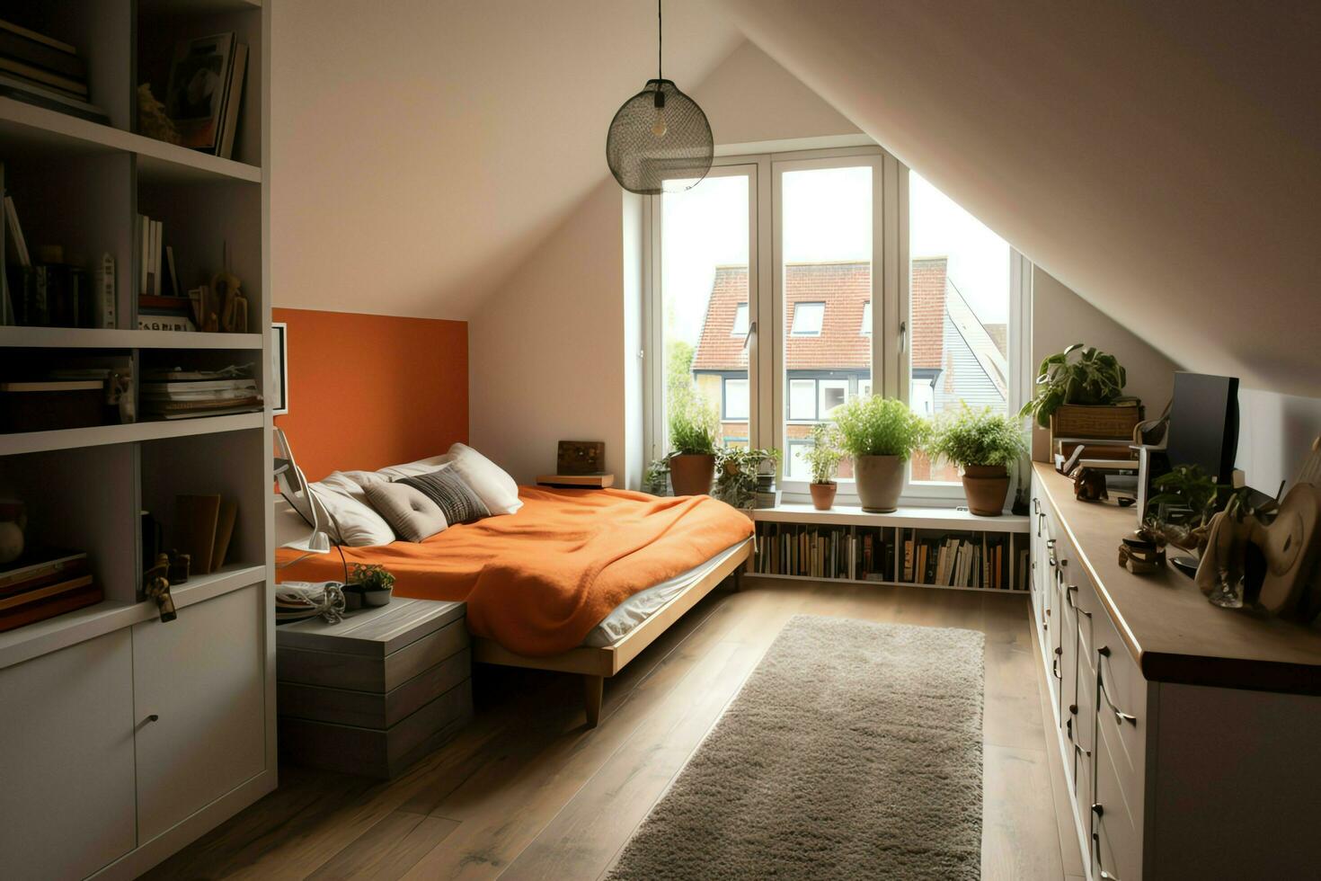 modern Dachgaube Dachgeschoss Umwandlung Innere Design im Wohnung oder Haus beim Vereinigtes Königreich. Luxus Dreieck Dachboden Zimmer Konzept durch ai generiert foto