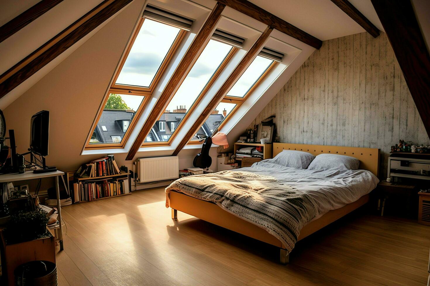 modern Dachgaube Dachgeschoss Umwandlung Innere Design im Wohnung oder Haus beim Vereinigtes Königreich. Luxus Dreieck Dachboden Zimmer Konzept durch ai generiert foto