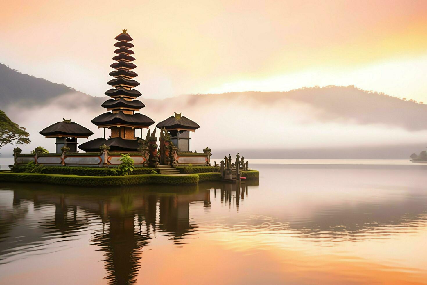 uralt pura ulun danu Bratan, besakih oder berühmt Hindu Tempel und Tourist im bali Insel beim Sonnenaufgang Konzept durch ai generiert foto