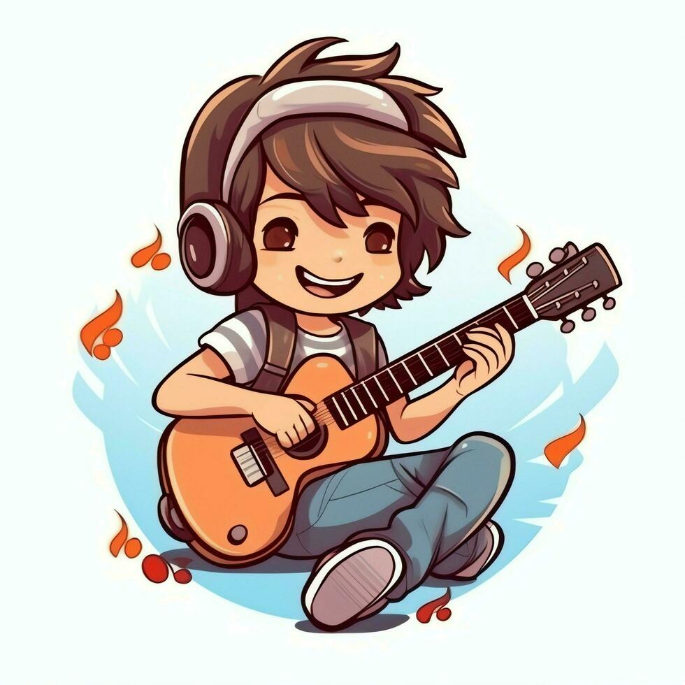 süß Junge spielen Gitarre und Hören zu Musik- mit Headset im Karikatur Stil. Jugend Tag oder Musik- Tag Konzept durch ai generiert foto