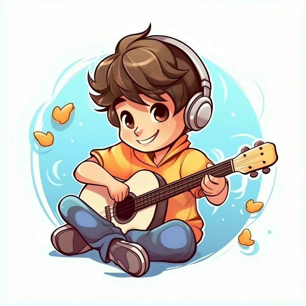 süß Junge spielen Gitarre und Hören zu Musik- mit Headset im Karikatur Stil. Jugend Tag oder Musik- Tag Konzept durch ai generiert foto