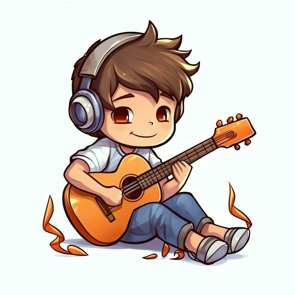 süß Junge spielen Gitarre und Hören zu Musik- mit Headset im Karikatur Stil. Jugend Tag oder Musik- Tag Konzept durch ai generiert foto