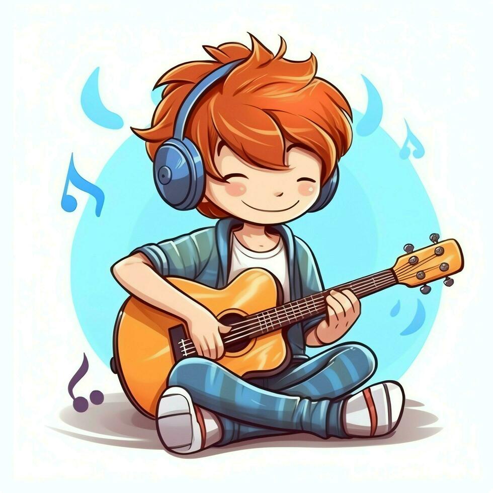 süß Junge spielen Gitarre und Hören zu Musik- mit Headset im Karikatur Stil. Jugend Tag oder Musik- Tag Konzept durch ai generiert foto