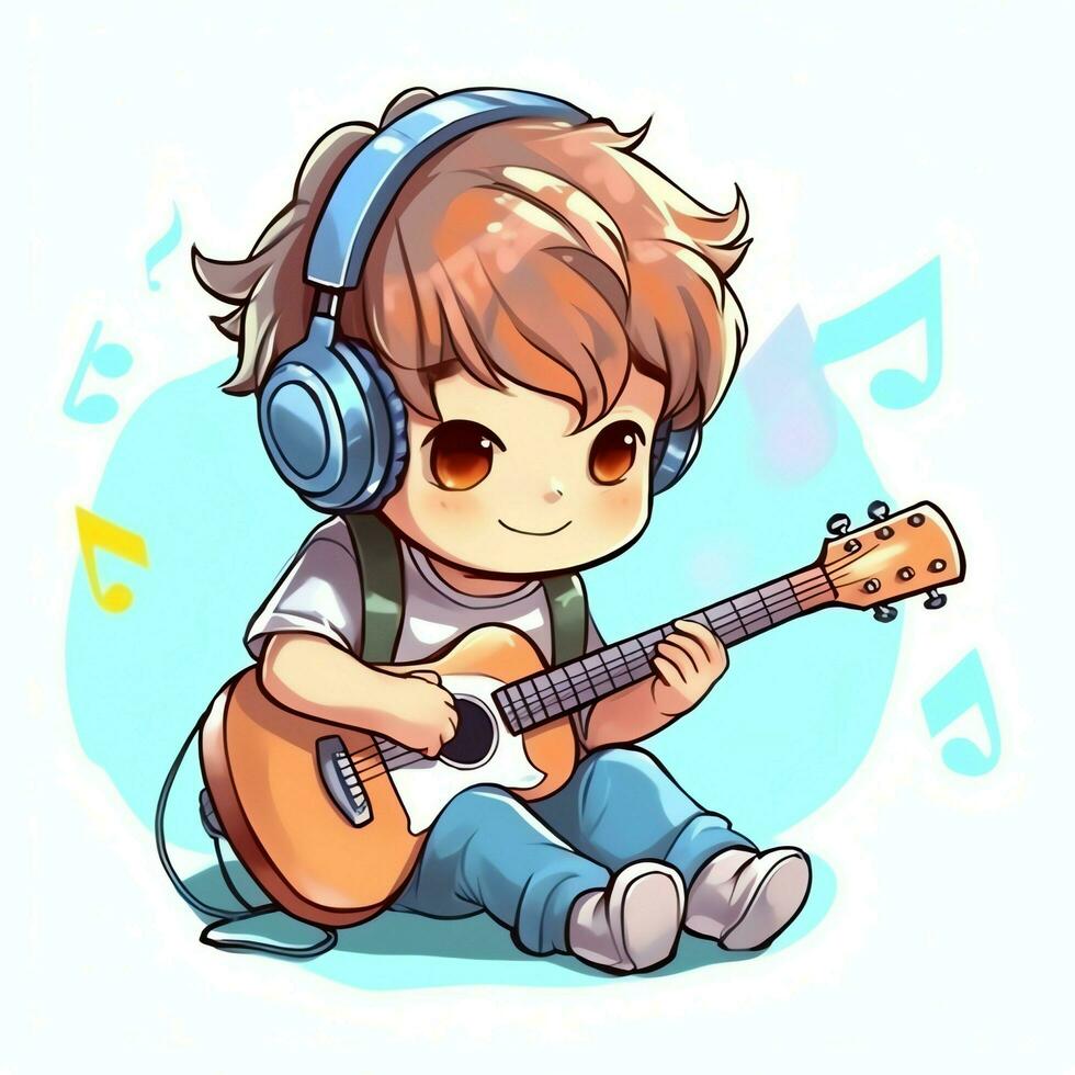 süß Junge spielen Gitarre und Hören zu Musik- mit Headset im Karikatur Stil. Jugend Tag oder Musik- Tag Konzept durch ai generiert foto