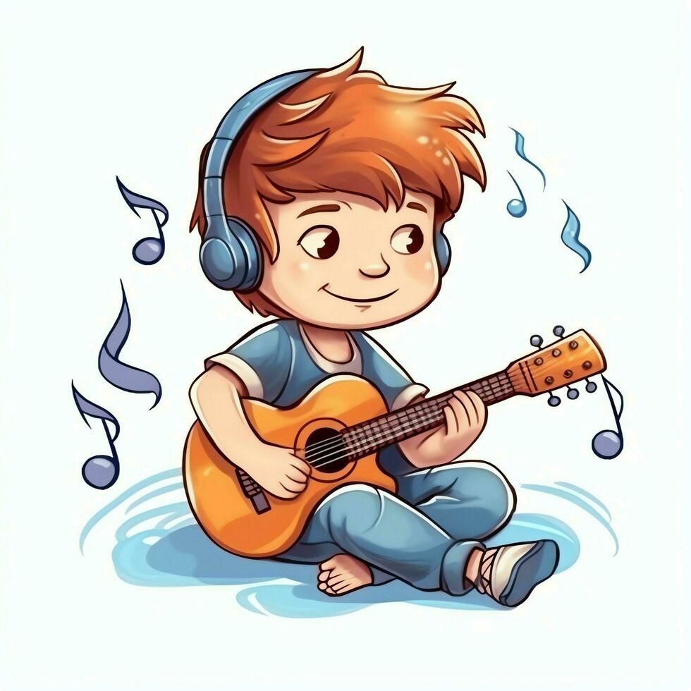 süß Junge spielen Gitarre und Hören zu Musik- mit Headset im Karikatur Stil. Jugend Tag oder Musik- Tag Konzept durch ai generiert foto