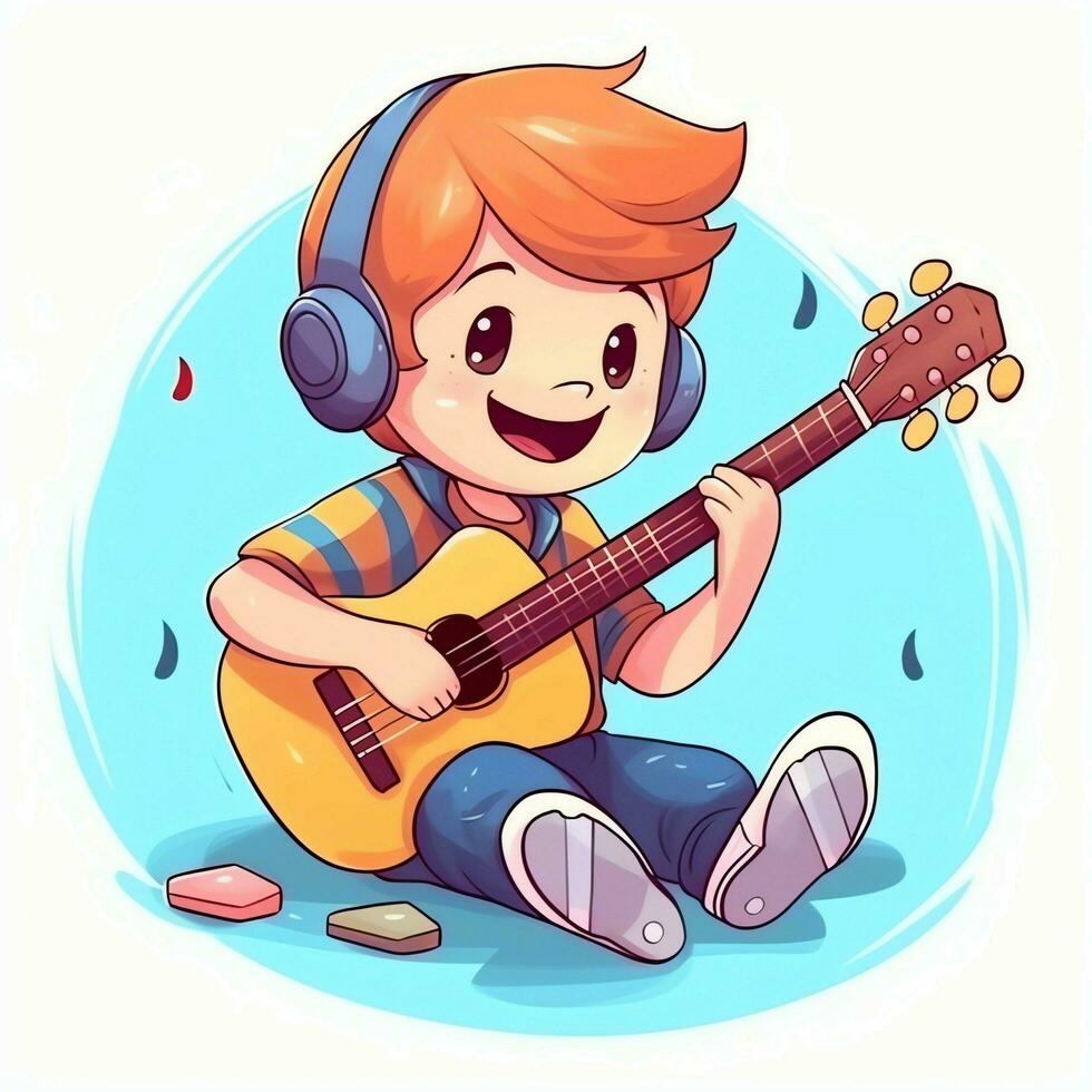 süß Junge spielen Gitarre und Hören zu Musik- mit Headset im Karikatur Stil. Jugend Tag oder Musik- Tag Konzept durch ai generiert foto